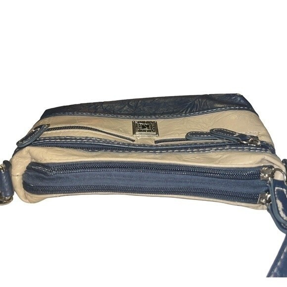 Stone & Co Tumbled Leather Beige & Navy Blue Small Double Zip Shoulder Bag Purse - Picture 7 of 14